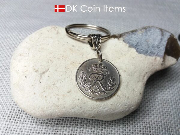 Denmark 1951 R coin keychain. 73 year old Danish 25 ore coin pendant with bail