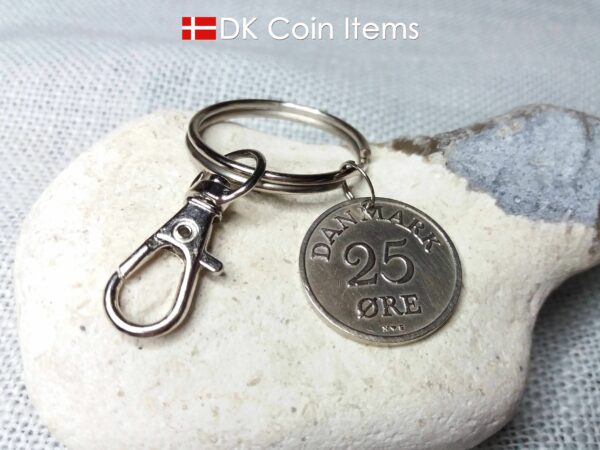 Denmark 1951 R coin keychain. 73 year old Danish 25 ore coin pendant