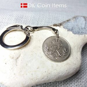 Denmark 1951 R coin keychain. 73 year old Danish 25 ore coin pendant on snake keyring