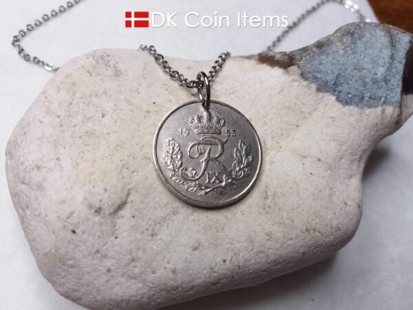 Denmark 1953 coin necklace. 71 year old Danish 25 ore with R initial as coin pendant