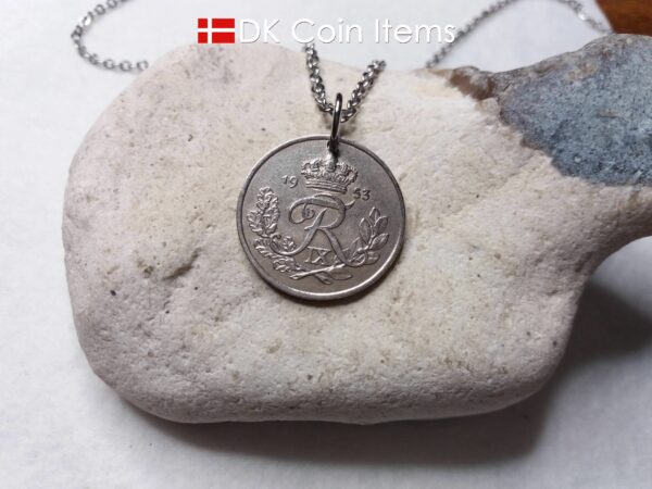 Denmark 1953 coin necklace. 71 year old Danish 25 ore with R initial as coin pendant