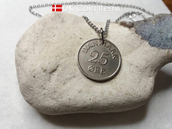 Denmark 1953 coin necklace. 71 year old Danish 25 ore with R initial as coin pendant