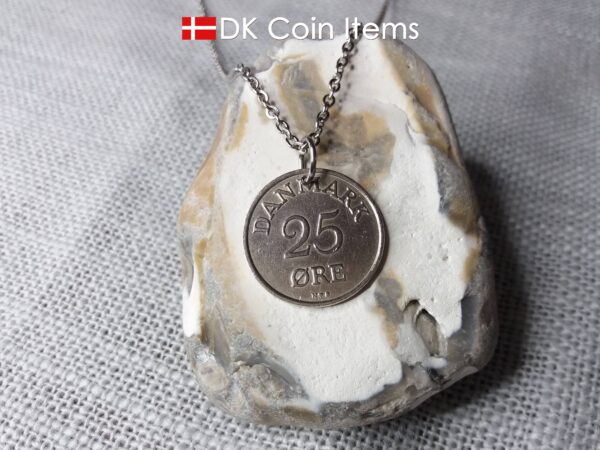 1954 coin pendant necklace with 70 year old Danish 25 ore with R initial as coin charm