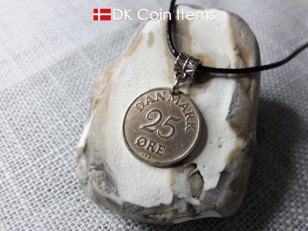 1954 coin pendant necklace with 70 year old Danish 25 ore with R initial as coin charm on bail