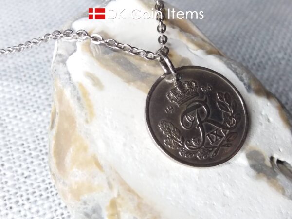 1954 coin pendant necklace with 70 year old Danish 25 ore with R initial as coin charm