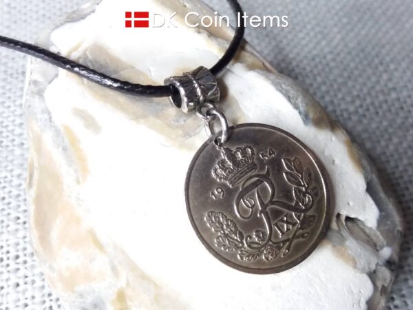 1954 coin pendant necklace with 70 year old Danish 25 ore with R initial as coin charm on bail