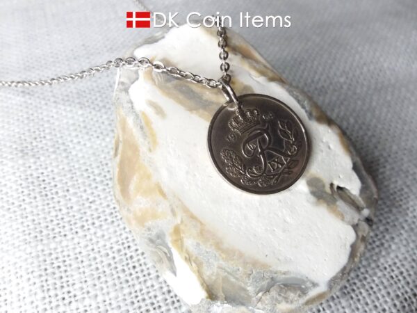 1954 coin pendant necklace with 70 year old Danish 25 ore with R initial as coin charm