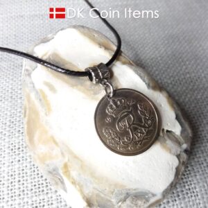 1954 coin pendant necklace with 70 year old Danish 25 ore with R initial as coin charm on bail