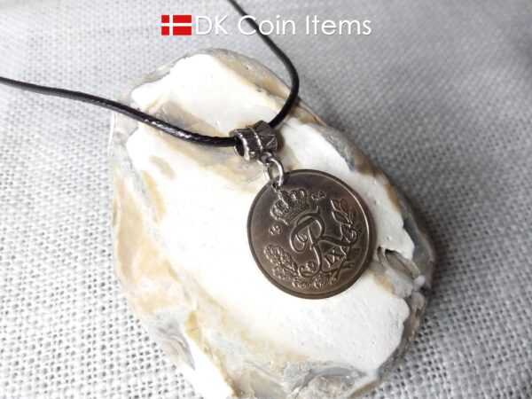 1954 coin pendant necklace with 70 year old Danish 25 ore with R initial as coin charm on bail