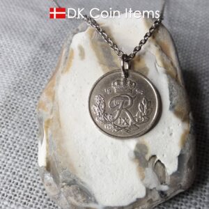 1954 coin pendant necklace with 70 year old Danish 25 ore with R initial as coin charm