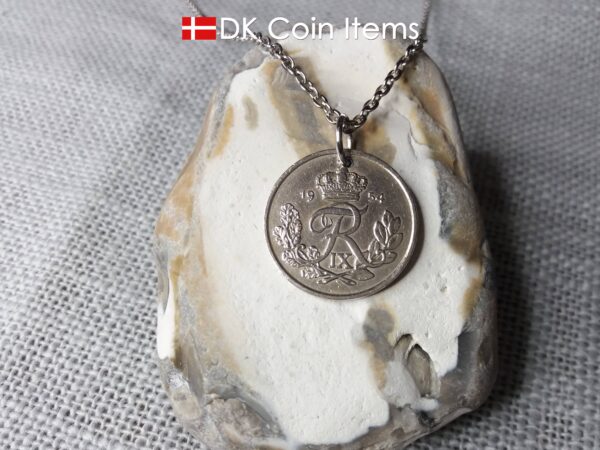 1954 coin pendant necklace with 70 year old Danish 25 ore with R initial as coin charm