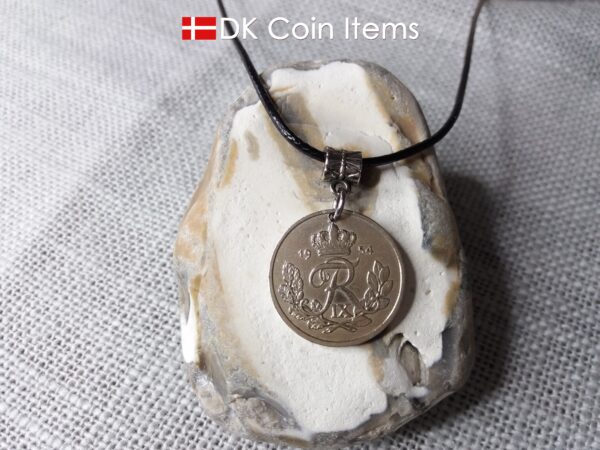 1954 coin pendant necklace with 70 year old Danish 25 ore with R initial as coin charm on bail