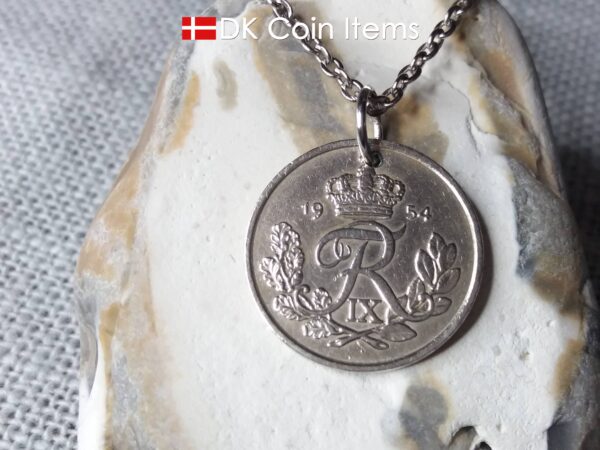 1954 coin pendant necklace with 70 year old Danish 25 ore with R initial as coin charm