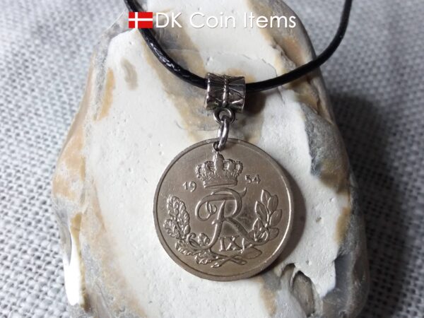 1954 coin pendant necklace with 70 year old Danish 25 ore with R initial as coin charm on bail