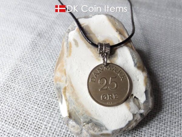 1954 coin pendant necklace with 70 year old Danish 25 ore with R initial as coin charm on bail