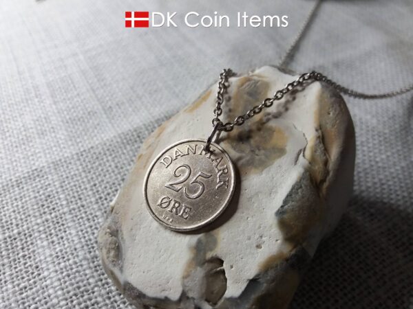 1954 coin pendant necklace with 70 year old Danish 25 ore with R initial as coin charm