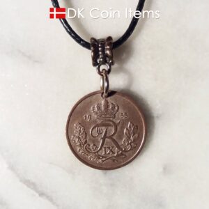 Denmark 1955 R coin necklace. 69 year old Danish 25 ore as coin pendant on bail