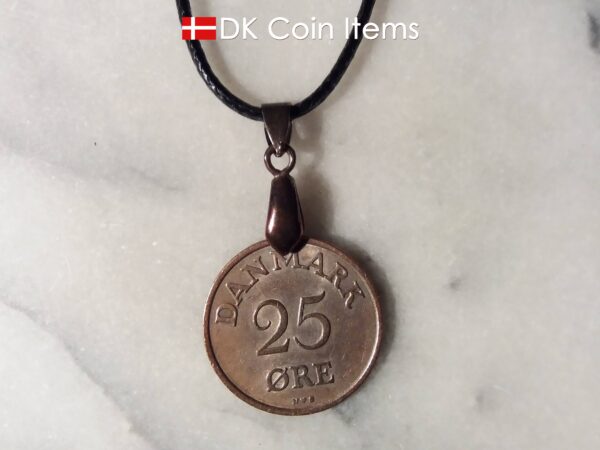 Denmark 1955 R coin necklace. 69 year old Danish 25 ore as coin pendant on pinch bail