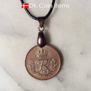 Denmark 1955 R coin necklace. 69 year old Danish 25 ore as coin pendant on pinch bail