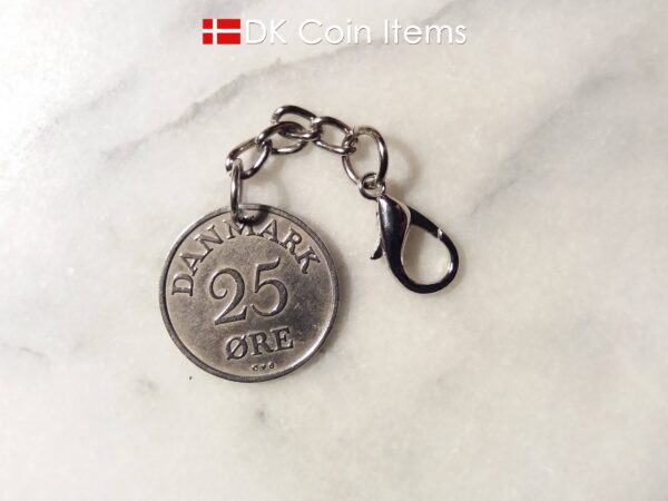 Denmark 1956 coin pendant charm. 68 year old Danish 25 ore coin with R initial