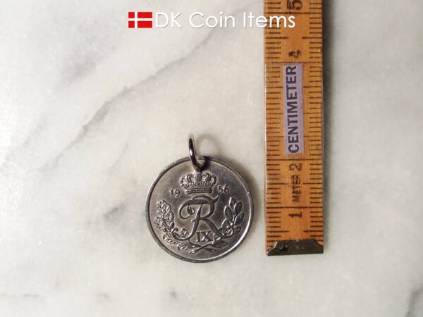 Denmark 1956 coin pendant necklace. 68 year old Danish 5 ore coin charm with R initial