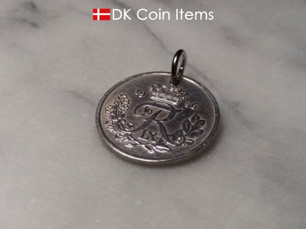 Denmark 1956 coin pendant necklace. 68 year old Danish 5 ore coin charm with R initial