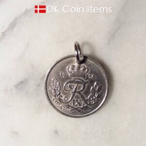 Denmark 1956 coin pendant necklace. 68 year old Danish 5 ore coin charm with R initial