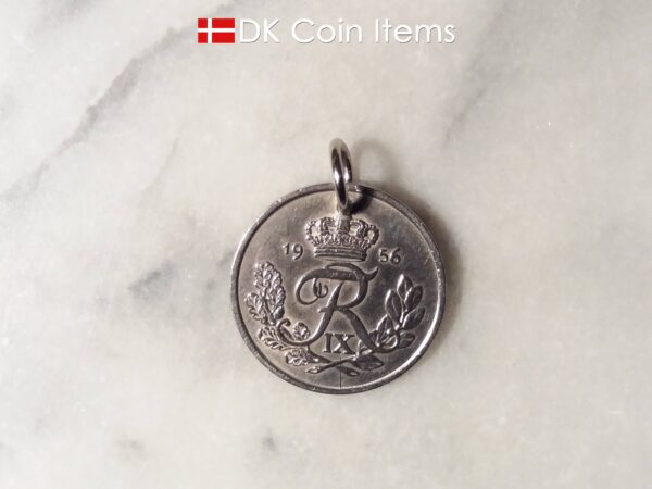 Denmark 1956 coin pendant necklace. 68 year old Danish 5 ore coin charm with R initial