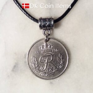 Denmark 1956 R coin necklace. 68 year old Danish 25 ore as coin pendant on bail