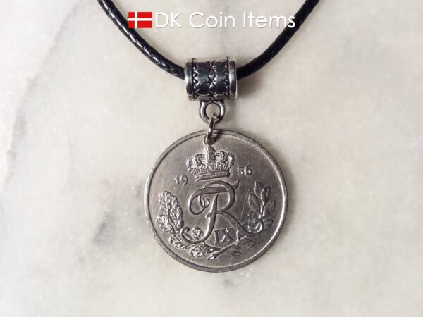 Denmark 1956 R coin necklace. 68 year old Danish 25 ore as coin pendant on bail