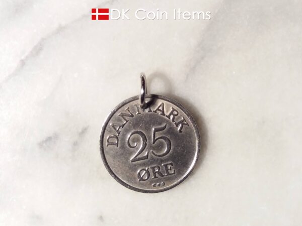 Denmark 1956 coin pendant necklace. 68 year old Danish 5 ore coin charm with R initial