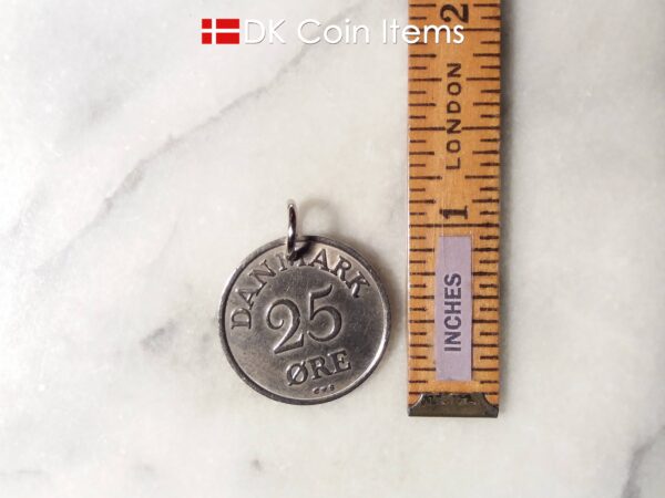 Denmark 1956 coin pendant necklace. 68 year old Danish 5 ore coin charm with R initial