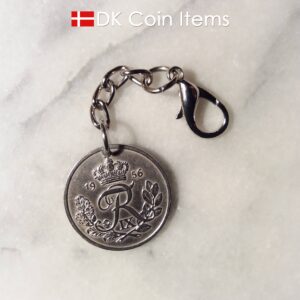 Denmark 1956 coin pendant charm. 68 year old Danish 25 ore coin with R initial