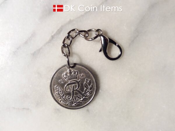 Denmark 1956 coin pendant charm. 68 year old Danish 25 ore coin with R initial