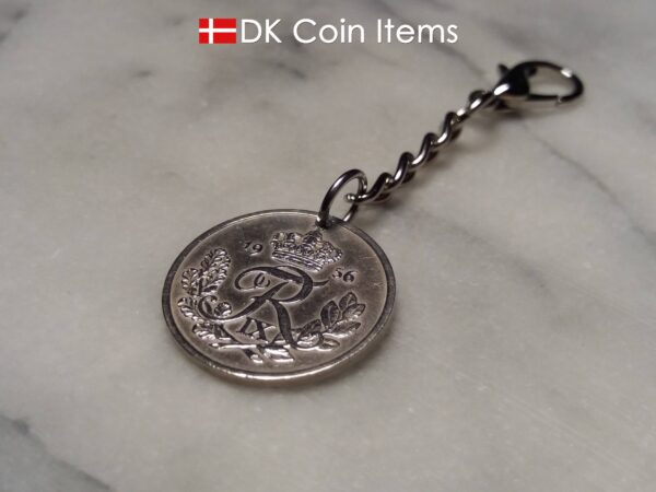 Denmark 1956 coin pendant charm. 68 year old Danish 25 ore coin with R initial