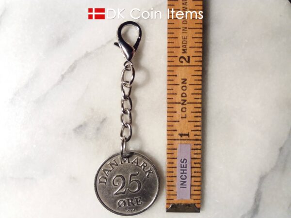 Denmark 1956 coin pendant charm. 68 year old Danish 25 ore coin with R initial