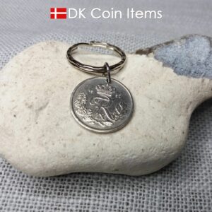 Denmark 1957 coin keychain. 67 year old Danish 25 ore with R initial as coin pendant