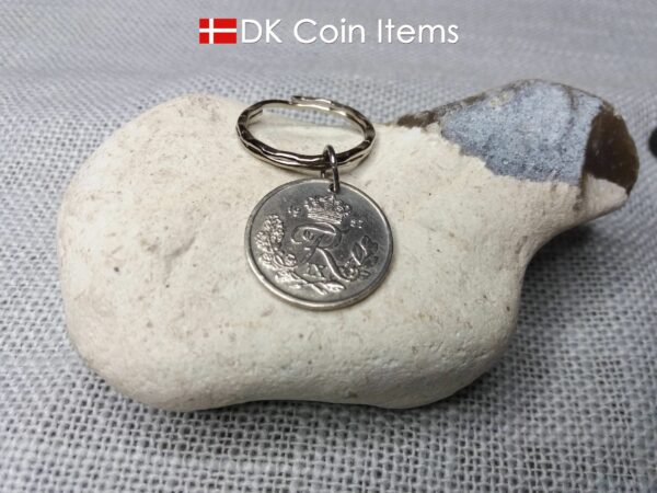 Denmark 1957 coin keychain. 67 year old Danish 25 ore with R initial as coin pendant