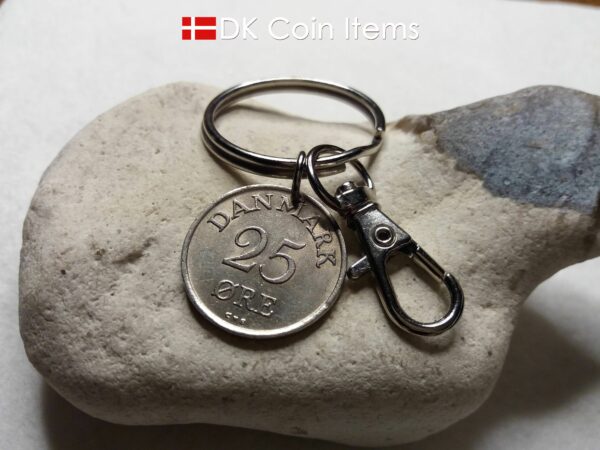 Denmark 1957 R initial coin keychain. 67 year old Danish 25 ore as coin pendant