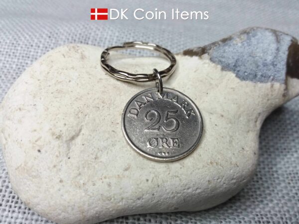 Denmark 1957 coin keychain. 67 year old Danish 25 ore with R initial as coin pendant