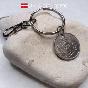 Denmark 1957 R initial coin keychain. 67 year old Danish 25 ore as coin pendant