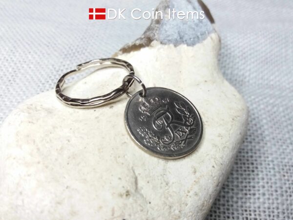 Denmark 1957 coin keychain. 67 year old Danish 25 ore with R initial as coin pendant