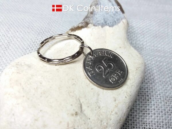 Denmark 1957 coin keychain. 67 year old Danish 25 ore with R initial as coin pendant