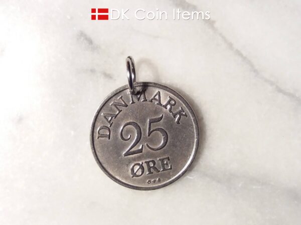 Denmark 1960 coin pendant necklace. 64 year old Danish 5 ore coin charm with R initial