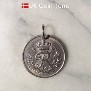 Denmark 1960 coin pendant necklace. 64 year old Danish 5 ore coin charm with R initial