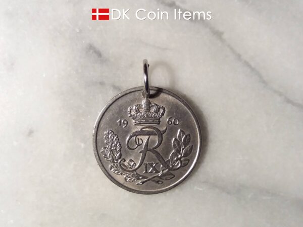 Denmark 1960 coin pendant necklace. 64 year old Danish 5 ore coin charm with R initial