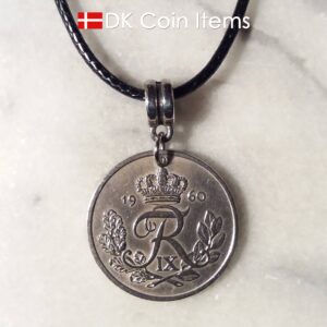 Denmark 1960 R coin necklace. 64 year old Danish 25 ore as coin pendant on bail