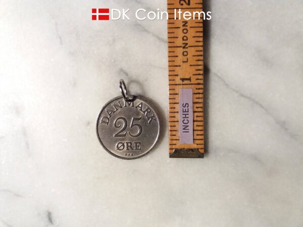 Denmark 1960 coin pendant necklace. 64 year old Danish 5 ore coin charm with R initial