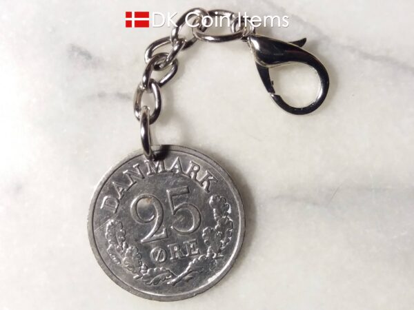 Denmark 1962 coin pendant charm. 62 year old Danish 25 ore coin pendant with R initial