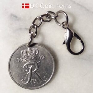 Denmark 1962 coin pendant charm. 62 year old Danish 25 ore coin pendant with R initial